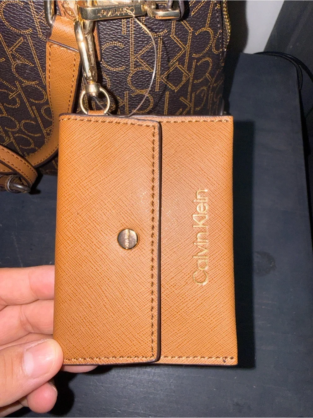 Calvin Klein Brown Logo Satchel with Tan Accents